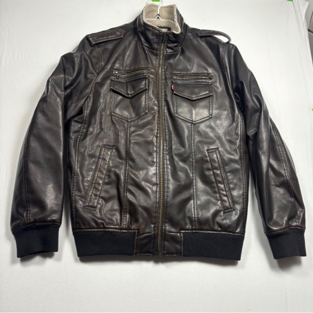 Levi's Men's XL Faux Leather Bomber Jacket Black Sherpa Lined Full Zip